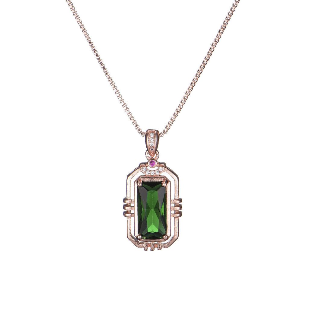 Rectangular Simulation Emerald 18K Rose Gold Color Treasure Pendant Necklace For Women