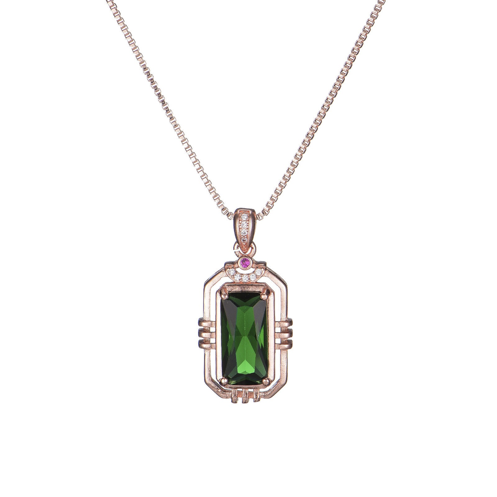 Rectangular Simulation Emerald 18K Rose Gold Color Treasure Pendant Necklace For Women