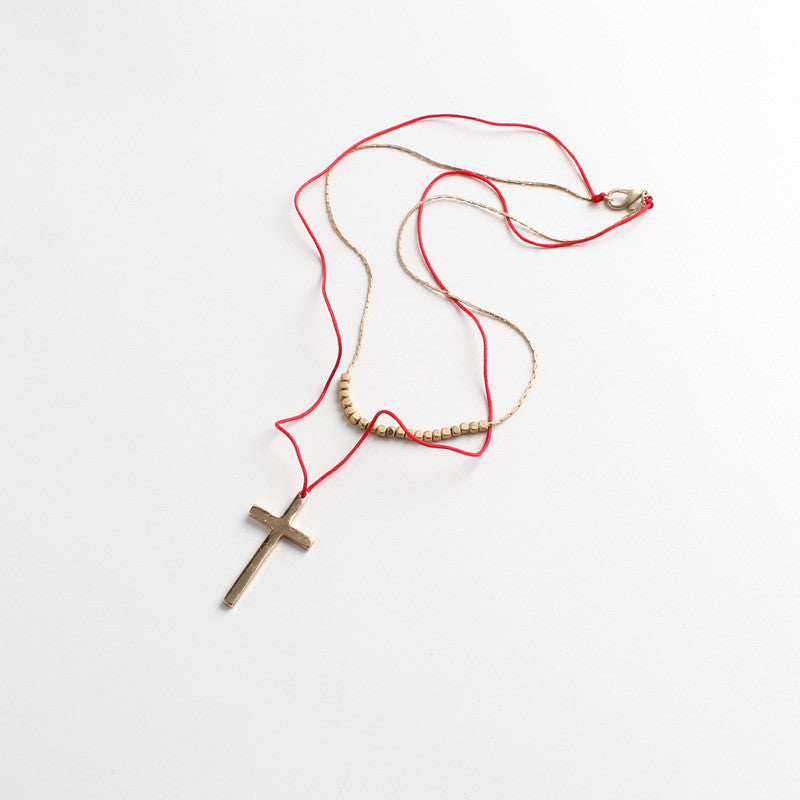 Textured Matt Gold Cross Double Layer Necklace Sweater Chain
