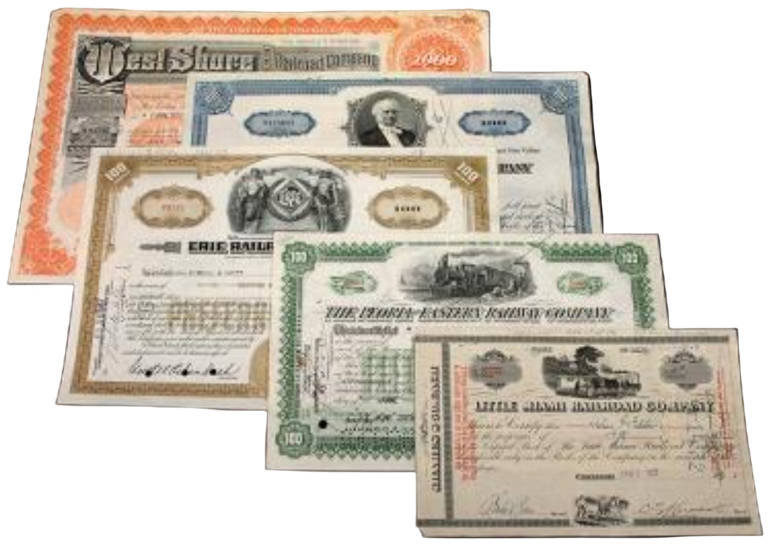 5 Different Reproduction Railroad Stock Certificates