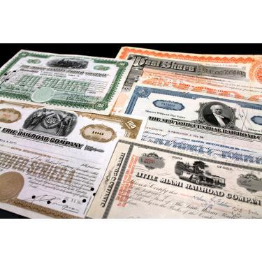 Collection of 5 Different - Reproduction - Railroad Stock Certificates
