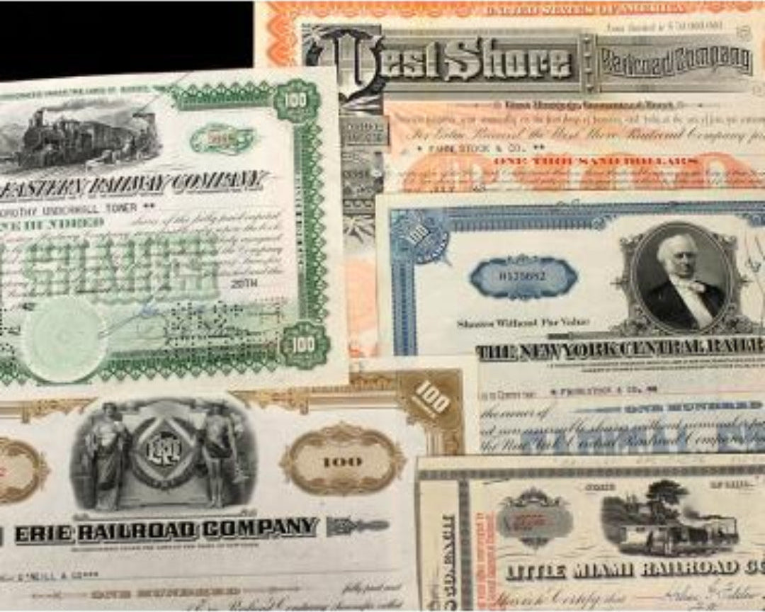 5 Different Reproduction Railroad Stock Certificates