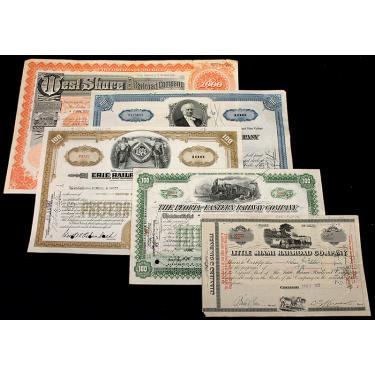 Collection of 5 Different - Reproduction - Railroad Stock Certificates
