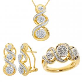 14K Yellow Gold-Plated necklace, earrings, and ring with 1/10 CTW diamonds