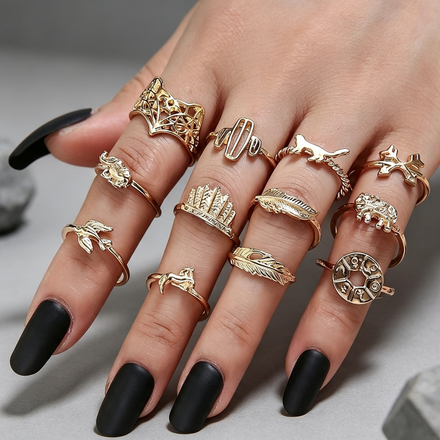 Retro Alloy Set Leaf Fox Elephant Ring 12-piece Set