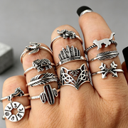 Retro Alloy Set Leaf Fox Elephant Ring 12-piece Set