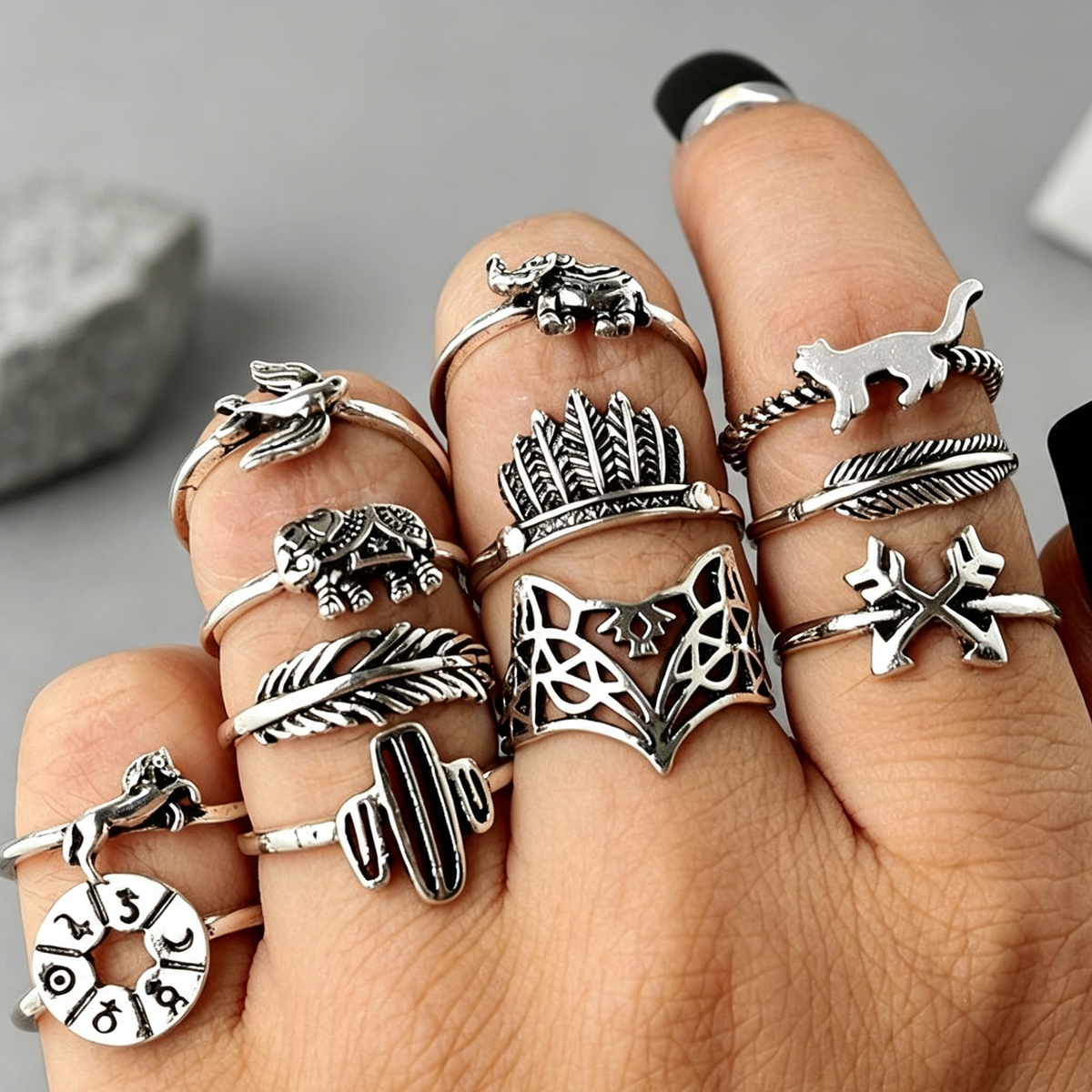 Retro Alloy Set Leaf Fox Elephant Ring 12-piece Set
