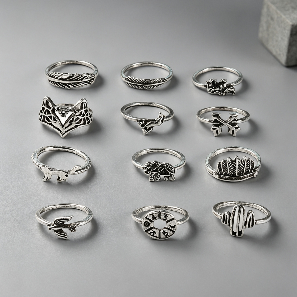 Retro Alloy Set Leaf Fox Elephant Ring 12-piece Set