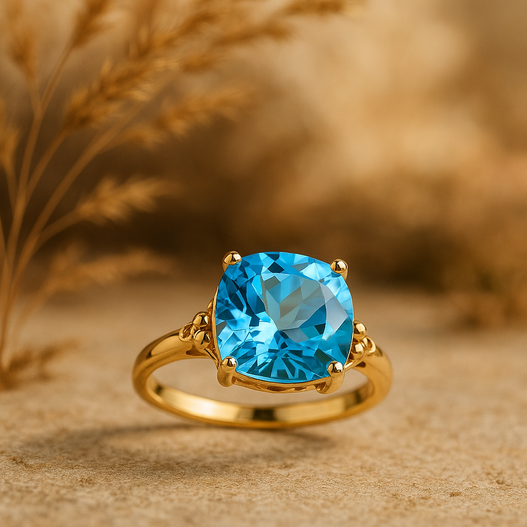 10K Solid Yellow Gold Womens Rings with Blue Diamond