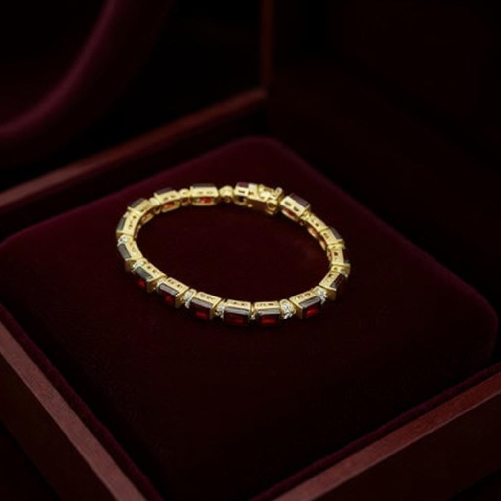 Bracelet - Women’s 18K Yellow Gold Over Sterling Silver Garnet & Diamond Bracelet – 7.4 Inch