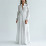 Veronica | Maxi Minimalist in Cotton and Linen with Patchwork, High Collar and Long Sleeves