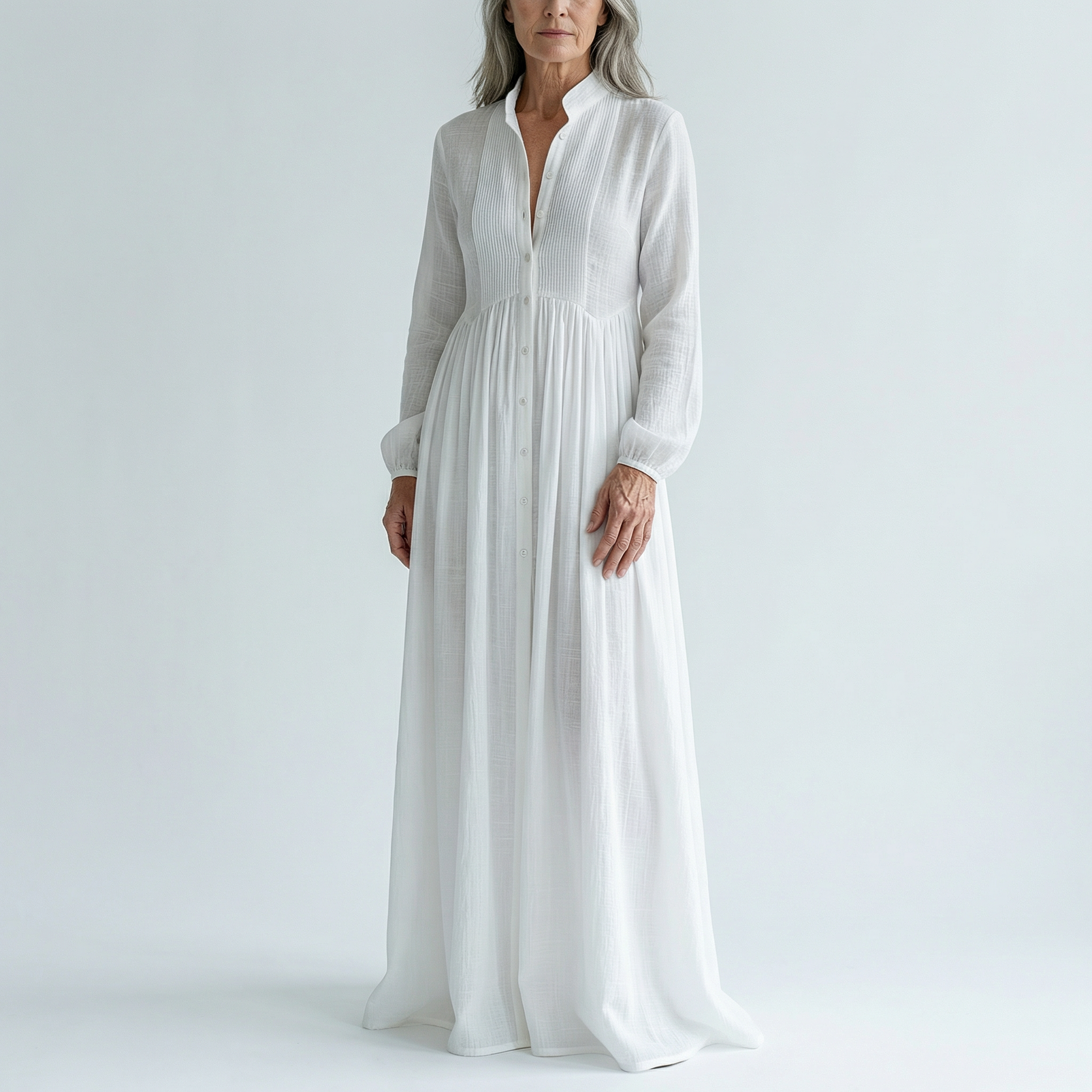Veronica | Maxi Minimalist in Cotton and Linen with Patchwork, High Collar and Long Sleeves