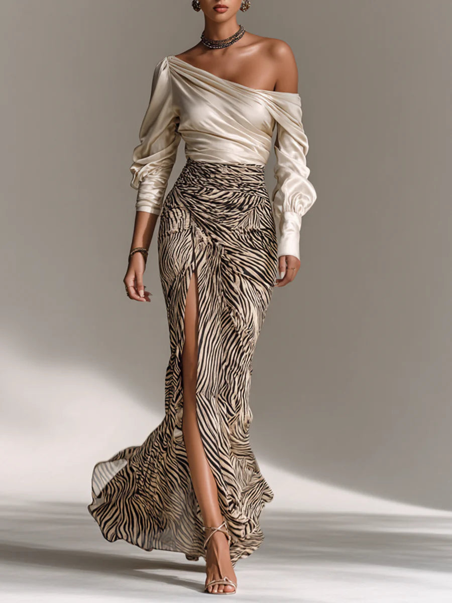 Off-Shoulder Top & Zebra-Print Slit Skirt Set