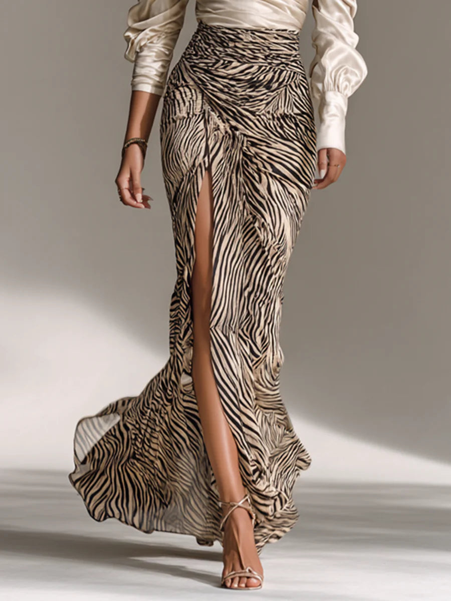 Off-Shoulder Top & Zebra-Print Slit Skirt Set