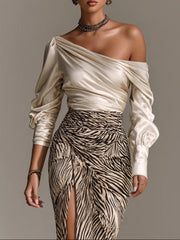 Off-Shoulder Top & Zebra-Print Slit Skirt Set