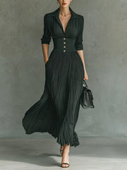 Elegant Pleated Lapel Maxi Dress