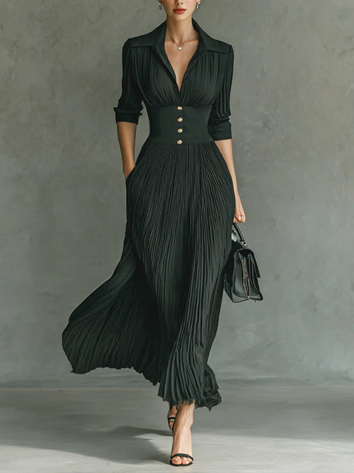 Elegant Pleated Lapel Maxi Dress