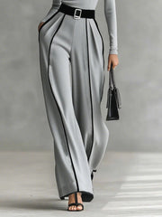 White Trim High-neck Top & Wide-leg Pants Set