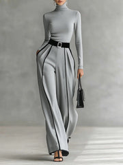 Black Trim High-Neck Top & Wide-Leg Pants Set