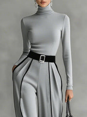 Black Trim High-Neck Top & Wide-Leg Pants Set