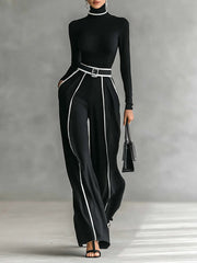White Trim High-neck Top & Wide-leg Pants Set