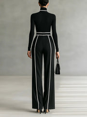 White Trim High-neck Top & Wide-leg Pants Set