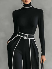 White Trim High-neck Top & Wide-leg Pants Set