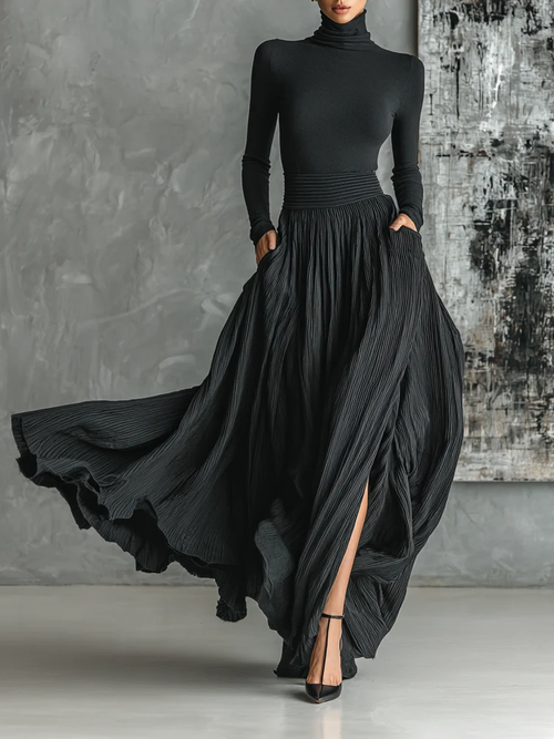 All Black Turtleneck & Pleated Skirt Set