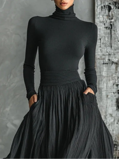 All Black Turtleneck & Pleated Skirt Set