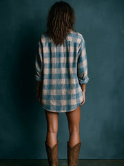 Blue & White Plaid Henley Mini Dress
