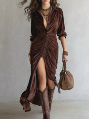 Vintage Button-stitched Pleated Midi Dress
