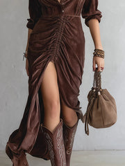 Vintage Button-stitched Pleated Midi Dress