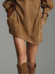 Brown Zipper Turtleneck Mini Dress