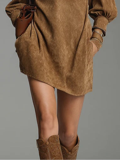 Brown Zipper Turtleneck Mini Dress