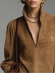 Brown Zipper Turtleneck Mini Dress