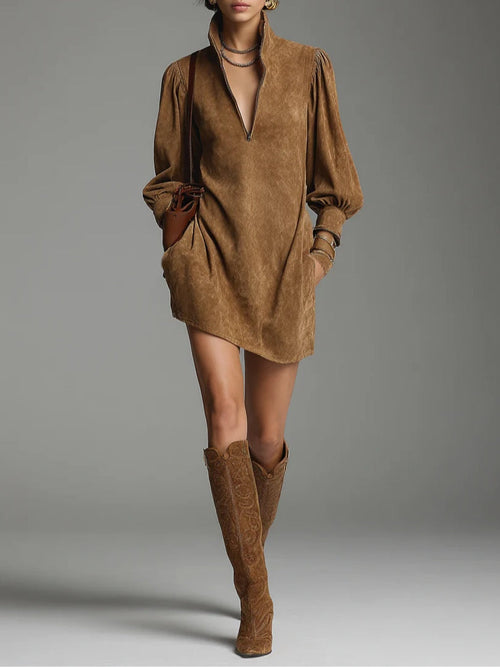 Brown Zipper Turtleneck Mini Dress