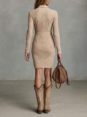 Beige Slim Floral Lapel Midi Dress