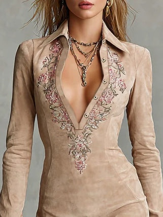 Beige Slim Floral Lapel Midi Dress