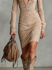 Beige Slim Floral Lapel Midi Dress