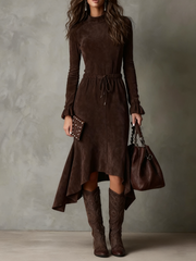 Elegant Dark Brown Drawstring Irregular Midi Dress