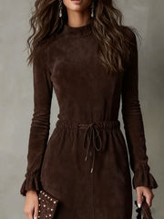 Elegant Dark Brown Drawstring Irregular Midi Dress