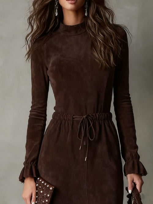 Elegant Dark Brown Drawstring Irregular Midi Dress
