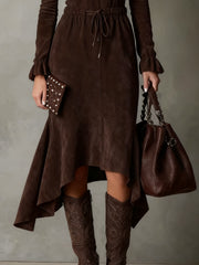 Elegant Dark Brown Drawstring Irregular Midi Dress