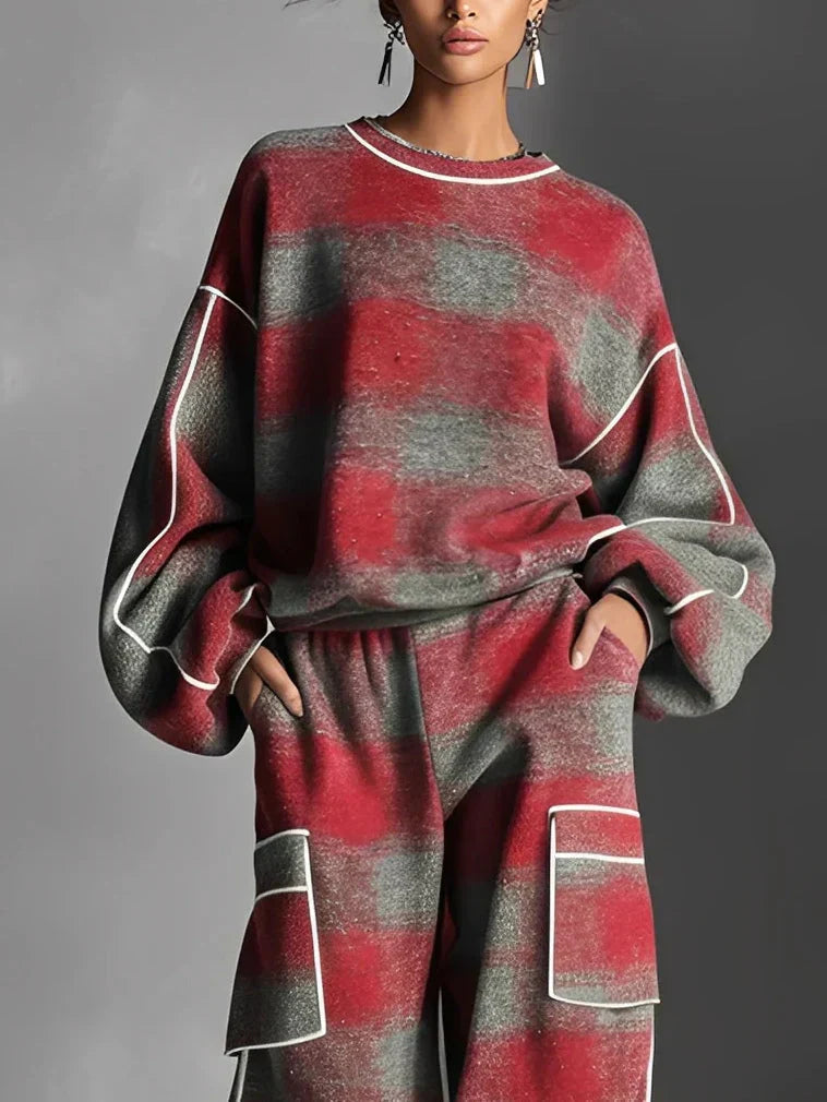 Black & Grey Plaid Sweatshirt & Casual Pants Set
