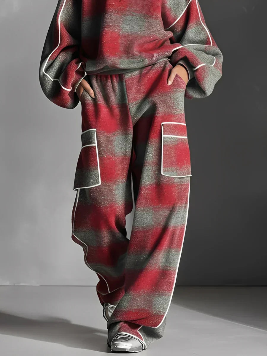 Black & Grey Plaid Sweatshirt & Casual Pants Set