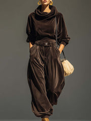 Vintage Brown Hoodie & Loose-Fitting Trousers Set (Includes Belt)