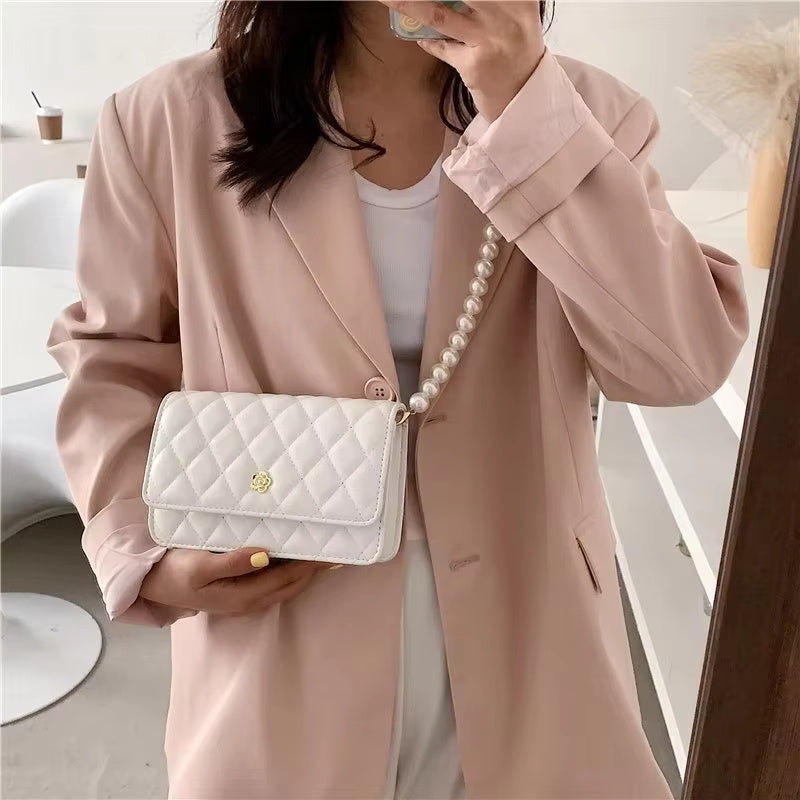 Diamond Grid Pearl Chain Cross-body Bag