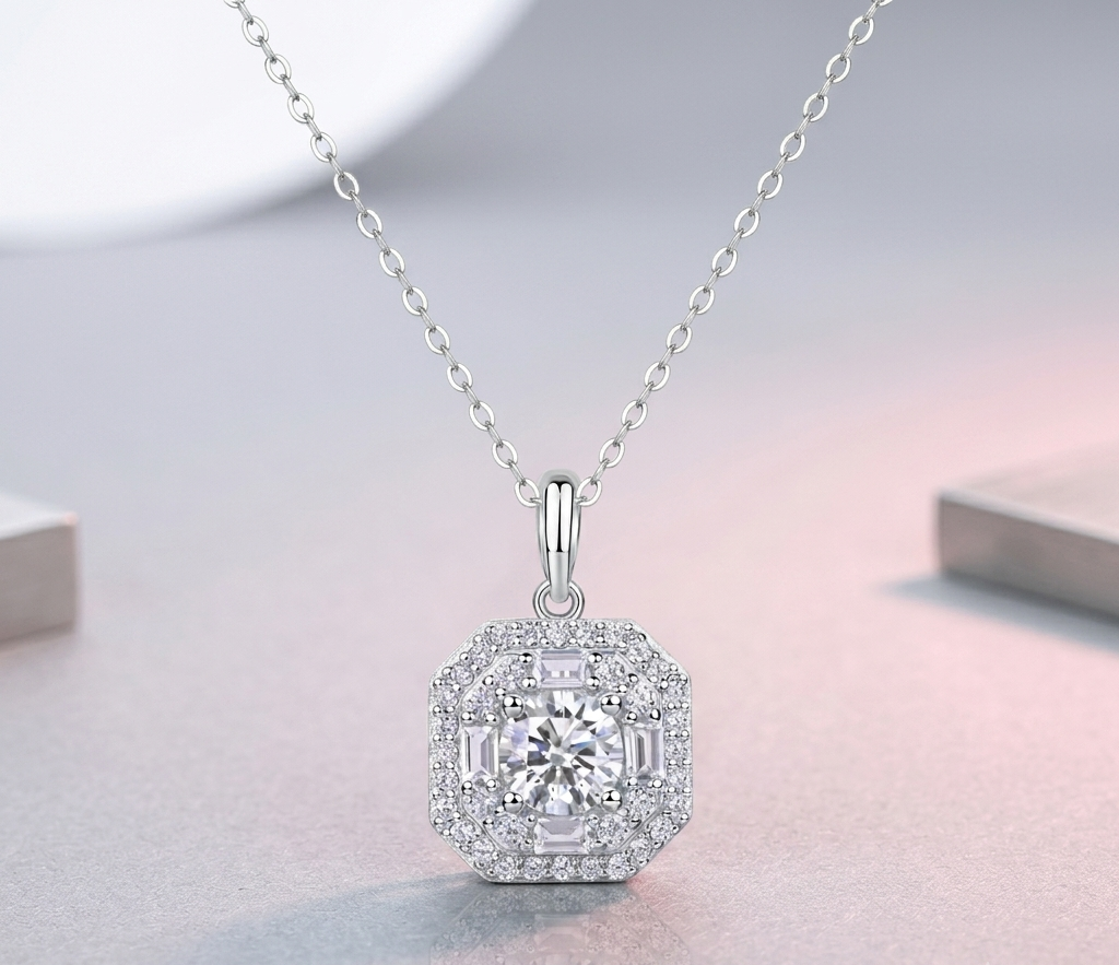 Small Square Bag Luxury Fashion Diamond Pendant Necklace Set With Mosan Diamond Silver Ornaments