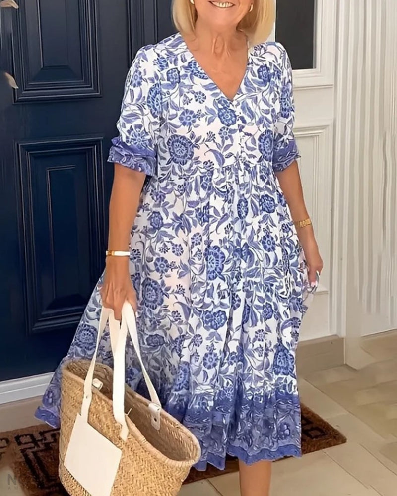 CATHY - Elegant Floral Dress with V-Neck