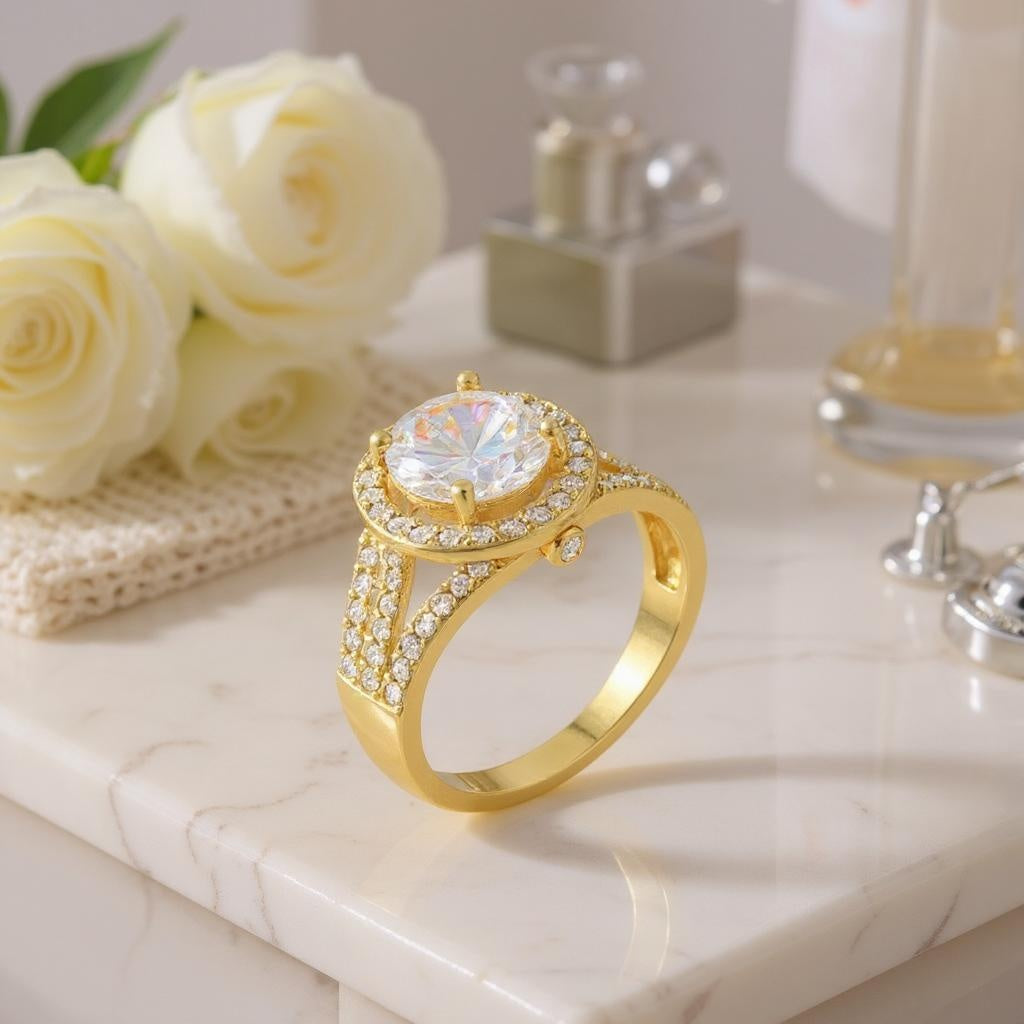 Gorgeous Womens 18K Yellow Gold-Plated Cubic Zirconia Ring Size 7